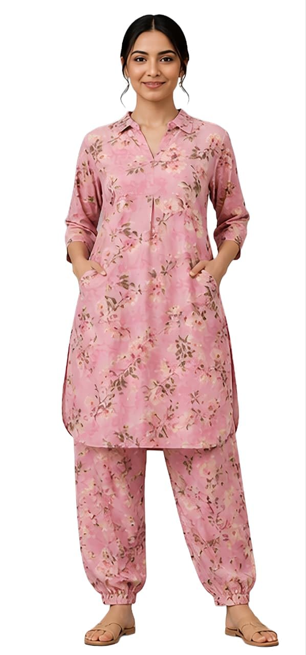 Arihant Sarees Women's Pink Floral Printed Cotton Rayon Kurta Pant Set-picture-22