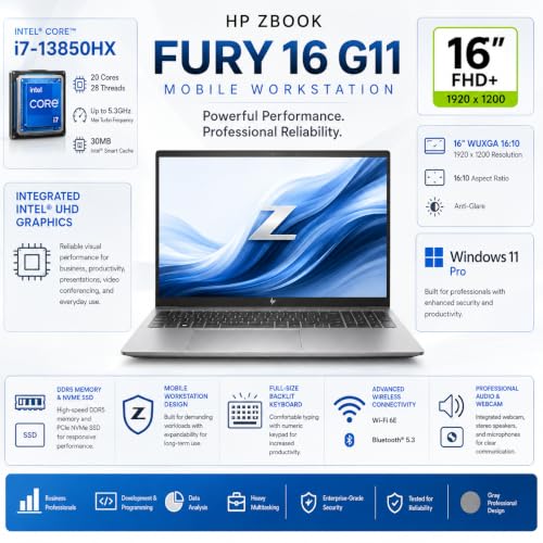 Image of HP ZBook Fury 16 G11 | 16 inch WUXGA Professional Workstation Laptop | Intel Core i7-13850HX 20-Core(Up to 5.3GHz) | 64GB DDR5 | 4TB PCIe SSD | Backlit Keyboard | Thunderbolt 4 | RJ-45 | Windows 11 Pro