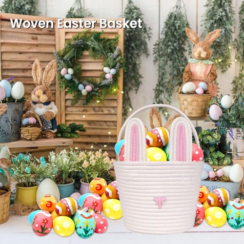 Image of Easter Basket for kids Empty Bunny Egg Baskets With Handle And Ears Easter Gifts Cute Woven Basket (pink)