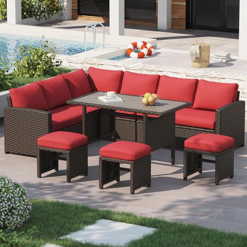 Image of U-MAX 7 Pieces Patio Furniture Set, Outdoor Sectional Sofa Conversation Set, All Weather Wicker Rattan Dining Table & Chair with Ottoman, Brown Rattan&Red Cushion