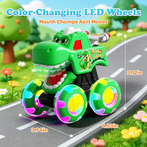 Image of 3 Pack Monster Truck Toys for Toddlers 1-3, Press & Go Cars with Flashing LED Wheels & Moving Mouth, Dinosaur Cars for 2 3 4 One Two Year Old Boy Birthday Gifts
