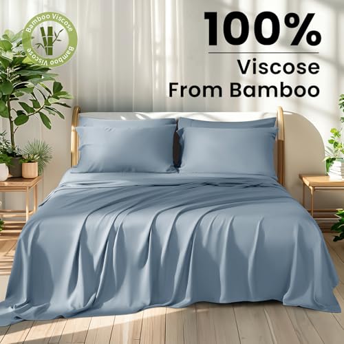 Shilucheng 100% Viscose Derived from Bamboo_ Sheets King Size 6pcs - Ultra Cooling & Silky Soft Bed Sheets, 16" Deep Pocket, Perfect for Hot Sleepers, Hotel Bedding Sheets (French Blue)