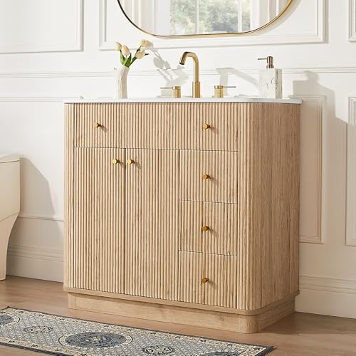T4TREAM 36 Inch Bathroom Vanity with Sink, Modern Fluted Single Bathroom Vanity with Sink with Storage Cabinet, Adjustable Shelf and 3 Small Drawers, Natural Oak