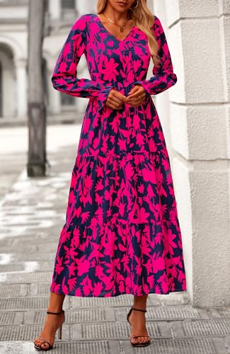 BTFBM Women Fall Dresses 2025 Casual Long Sleeve V Neck Maxi Dresses Floral Boho Long Dress Wedding Guest Dress