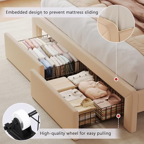 Image of Feonase Full Upholstered Bed Frame with Headboard and 2 Storage Drawers, Built-in Charging Station, Velvet Platform LED Bed with Solid Wood Slat Support, No Box Spring Needed, Beige