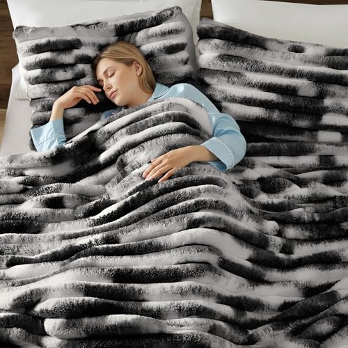 Image of Wonderful Fluffy Faux Rabbit Fur Comforter Set Queen Size, Striped Stitching Tie-Dye Black Plush Fuzzy Bedding Set 3 Pieces, Warm Soft Comforter Bedding Set for Winter, 90 inchx90 inch