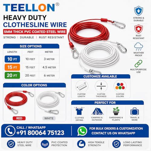 Image of 3 Meter (5mm) Heavy Duty Stainless Steel Clothesline Wire Rope with Carabineer Hooks, Portable Rustproof Laundry Drying Rope Cable for Balcony Garden Home Indoor Outdoor Uses (Red,10 Feet)