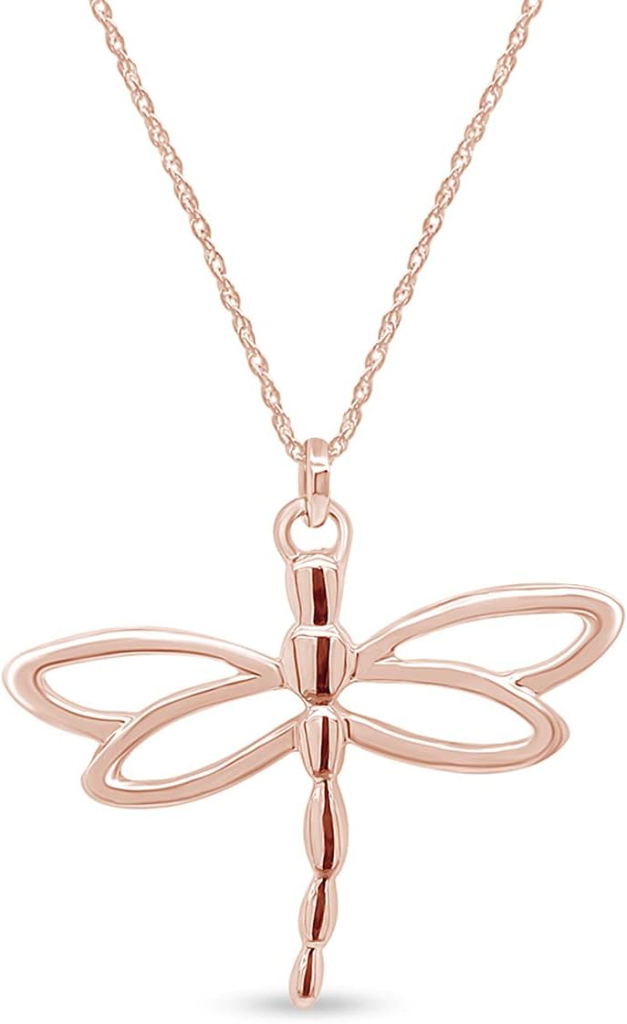 Dragonfly Insect Charm Pendant Necklace Jewelry For Women In 14K Gold Plated Sterling Silver Along With 18" Silver Rope Chain