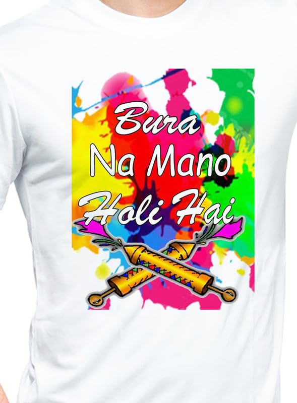 Image of Knitted Polycotton Fabric Regular Fit Men Boys Half Sleeve T-Shirt for Festival of Holi Style 12 White Size : Free