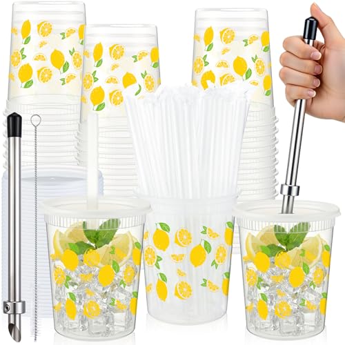 FillTouch 50 Set Lemonade Cups with Lids Straws Plastic Drink Buckets Include Plastic Cups Stainless Steel Straw Hole Puncher Beverage Cafe Drinking Lemonade Stand Supplies(32 oz)