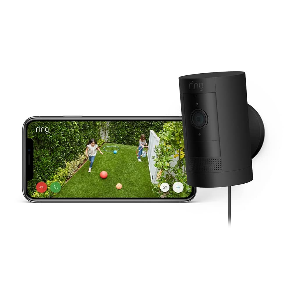 Ring Cámara exterior con enchufe (Stick Up Cam) | Cámara de vigilancia wifi para tu domicilio con vídeo 1080p HD, comunicación bidireccional, instalación fácil | 30 días gratis de Ring Home