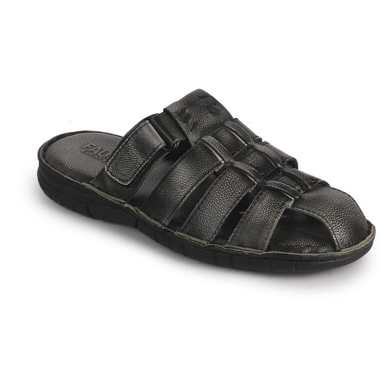 Image of FAUSTO Men Genuine Leather Multi Strap Closed Toe Broad Feet Slip On Slippers with Adjustable Strap | Roman Sandals
