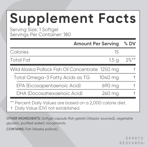 sports research triple strength omega 3 fish oil - burpless fish oil supplement wepa amp dha fatty acids from single-source wild alaskan pollock - 1250 mg 180 ct