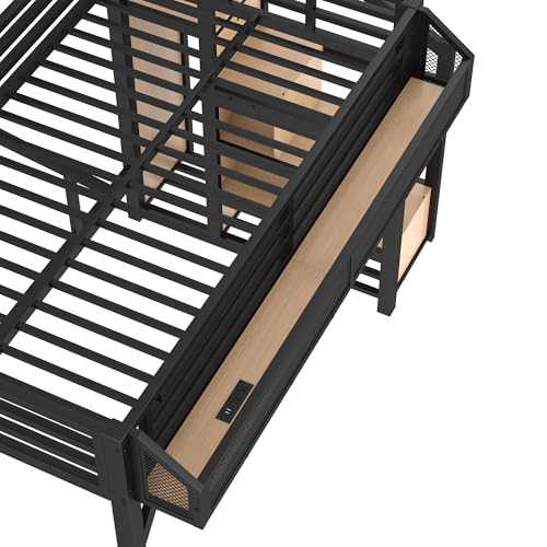 Image of Bellemave Twin XL loft Bed with Storage Stairs, Wardrobe, Shelves, Metal Twin XL Size Loft Bed Frame for Adults, Kids, Teens, Black with Natural Wood