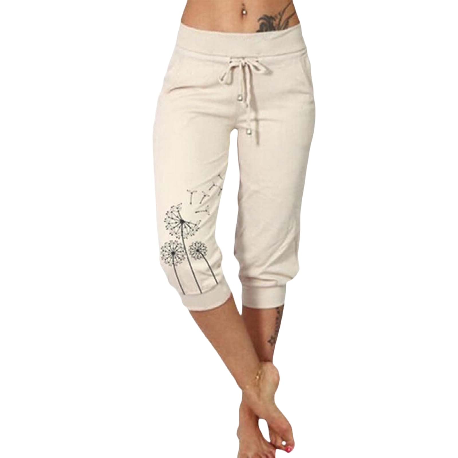 Women's Capri Sweatpants Casual Drawstring Waist Cropped Yoga Joggers Dandelion Print Stretch Fitness Trousers