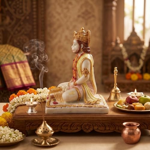 Image of Blessing Hanuman Idol - Multicolor Sitting Bajrangbali Murti with Gada for Home Temple Decor | Lord Hanuman Ji Statue for Strength, Protection & Devotion | Puja Showpiece Gift (15 Cm Hanuman Ji.)