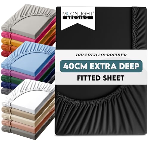 Moonlight Bedding Fitted Sheet 40 Cm Extra Deep Pocket Bed Sheets 16 inch Ultra Soft Bottom Sheet Brushed Microfiber Breathable Shrinkage and Fade Resistant (Black, Single)