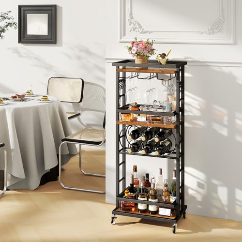 IBUYKE 4-Tier Liquor Cabinet with wheels,Wine Rack Freestanding Floor, Bar Cart for Liquor Whiskey Wine,Versatile Wine Bottle Display Shelf,Mini Bar for Home Living Room,Rustic Brown TMJ912H - Image 4