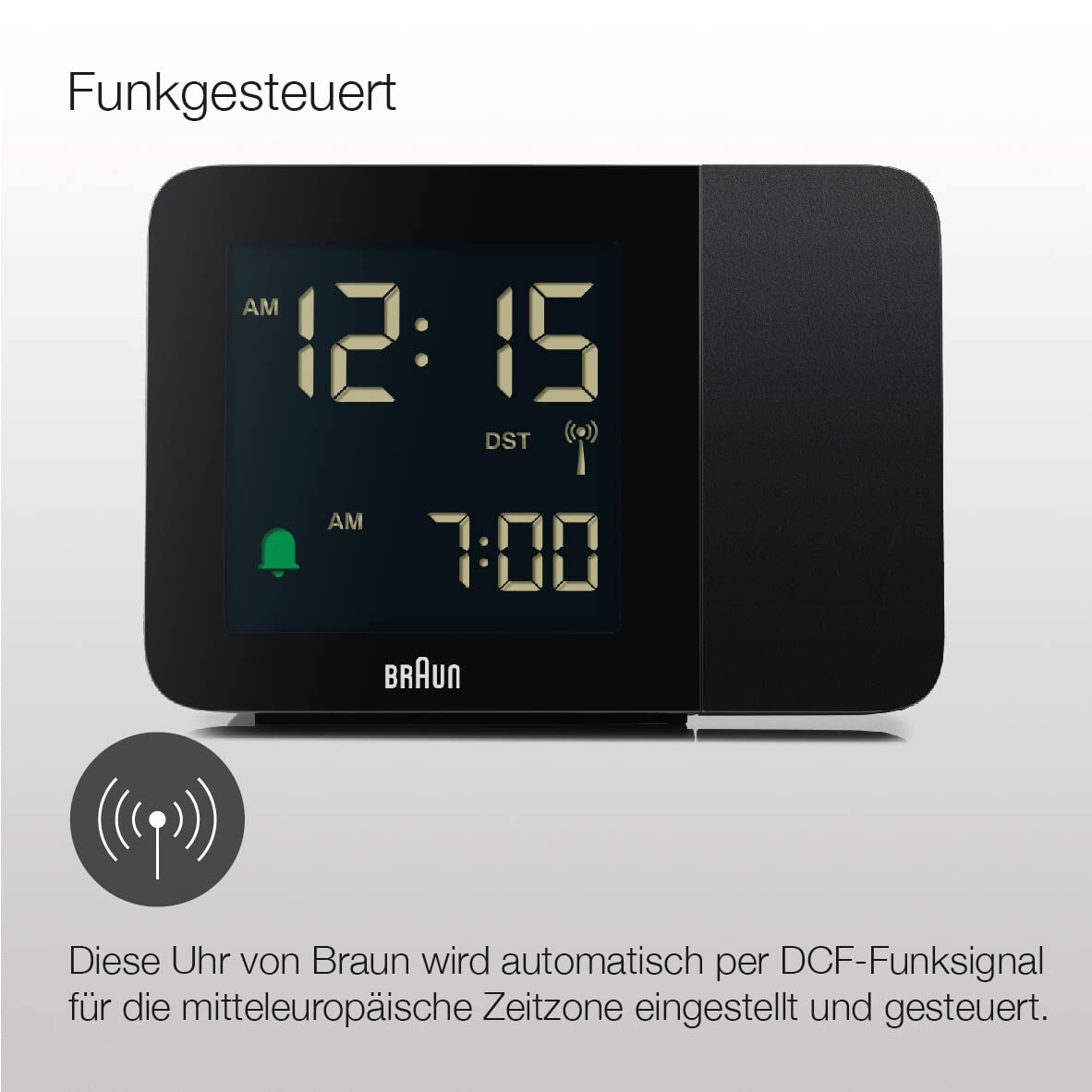 Braun Sveglia digitale proiezione, radiocontrollo per fuso orario dell'Europa centrale (DCF), con 4 opzioni di retroilluminazione, display LCD negativo, allarme acustico, nero, modello BC15B-DCF