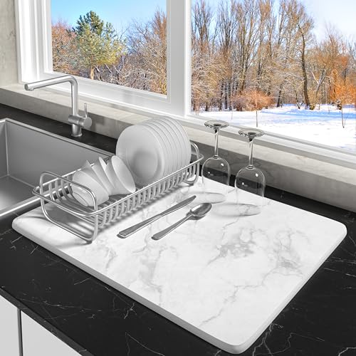 Image of Stone Drying Mat for Kitchen Counter Marble Stone Dish Drying Mat, Super Absorbent Quick Drying Diatomite Stone Dish Drying Mat — Non-Slip & Heat Resistant, With 8 Non-slip Mat, 15.6X11.6" White