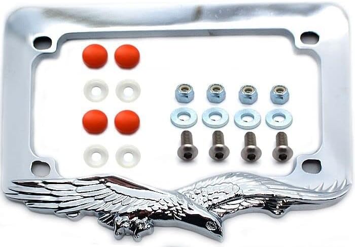 Chrome Eagle Motorcycle License Plate Tag Frame Kit Stainless Screws & Red Caps Style-9856-7071