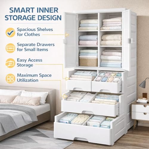 Image of AYSIS Kids Plastic Collapsible Wardrobe Organizer for Storage with Drawers | Cute Cartoon Design | Heavy Duty Cloth Organizer for Storage | Easy to Assemble | Perfect for Kids Room & Home | Whiteber