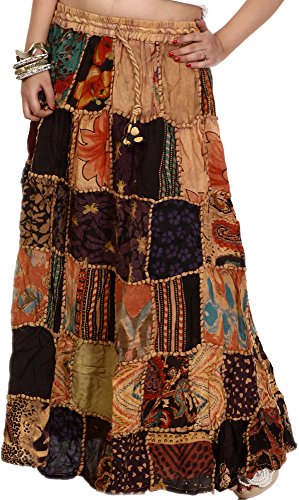 Exotic India Long Printed Dori Skirt from Gujarat with Patch Work Beige