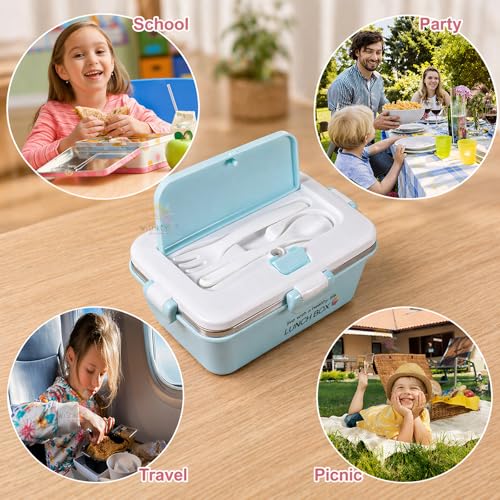 Image of WISHKEY BPA Free Stainless Steel Medium Sized Lunch Box with a Spoon & a Fork, Soft Color Tiffin Box & Cutlery Accessories for Kids & Adults, 500 ml (Set of 1, Blue)