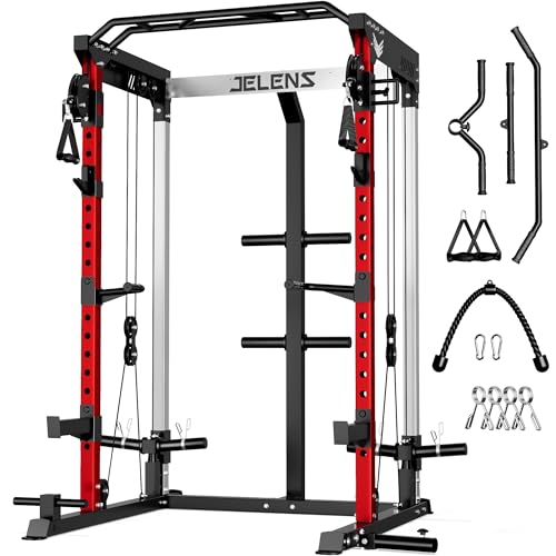 JELENS C21 Power Cage 2000LBS Multi-Function Power Rack with Independent Dual Pulley System All-in-One Squat Rack for Cable Crossover Home Gym Workout Machine (Red C21 Power Cage Only)