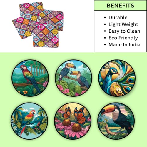 Image of Zesta Coasters for Cups Set of 6 / Wooden Coasters for Bar Accessories for Home /Tea Coaster Set of 6 / Waterproof Dining Table Decor Glass Cover (Birds, Circle)