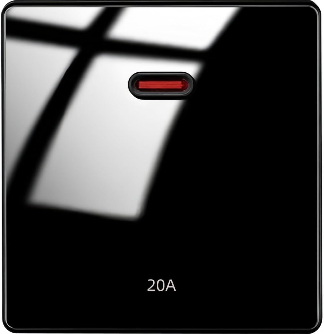 MEI JIA 20A Double Pole with LED Indicator SwitchTempered Black Glass Panel, UK Standard Wall Power Socket, Artistic Modern Swich soket (20A Double Pole with LED Indicator Switch)