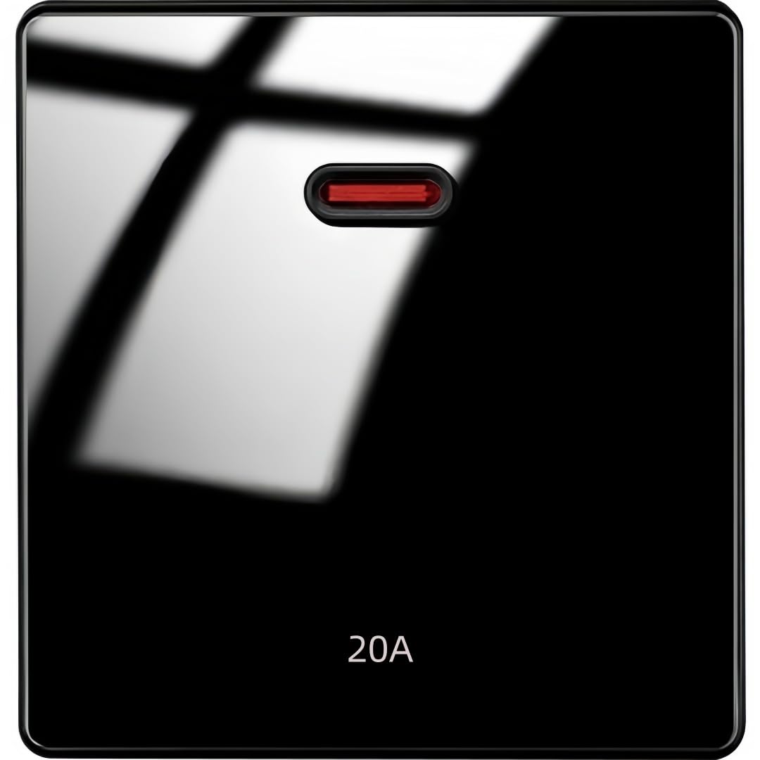 MEI JIA 20A Double Pole with LED Indicator SwitchTempered Black Glass Panel, UK Standard Wall Power Socket, Artistic Modern Swich soket (20A Double Pole with LED Indicator Switch)