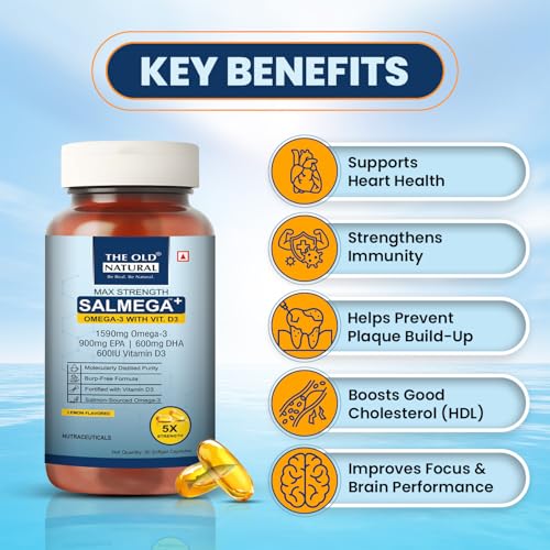 Image of Salmega Omega 3 Fish Oil with Vitamin D3 600 IU - 1590mg High Strength (900mg EPA & 600mg DHA) for Heart, Brain, Joint & Immunity Support - Fish Oil Capsules for Men & Women - 60 Softgels