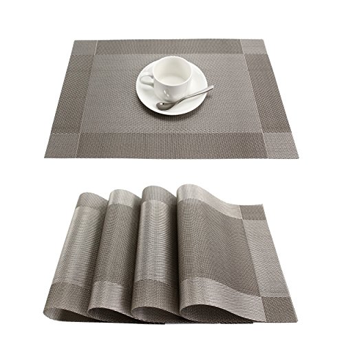 GEFEII Manteles individuales de vinilo tejido resistentes al calor, resistentes a las manchas, antideslizantes, lavables, de PVC, para cocina, cena, fiesta (gris plateado, 6)