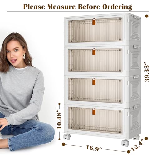 Image of YFXCVSL 4 Tier Plastic Storage Bins with Lid 36QT, Stackable Storage Containers with Wheels, Folding Storage Boxes, Stackable Storage Bins, Organizers and Storage for Living Room,Office,Dorm