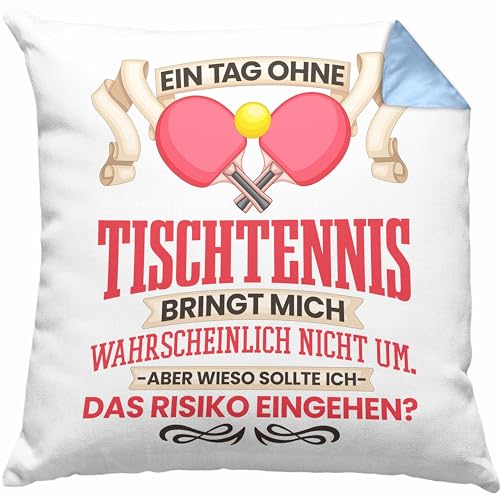 Trendation Tischtennis Kissen mit Füllung 40x40 Geschenk für Tischtennisspieler Lustiger Spruch Geschenkidee (Blau)