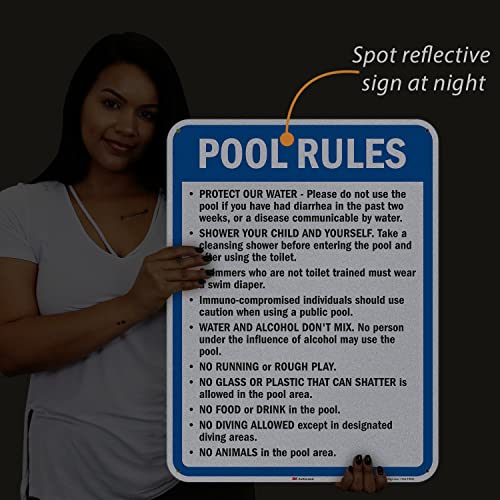 SmartSign 24 x 18 inch “Pool Rules - Protect Water, No Running, No Food Or Drink…” Oregon State Metal Sign, 80 mil Aluminum, 3M Laminated Engineer Grade Reflective Material, Blue, Black and White