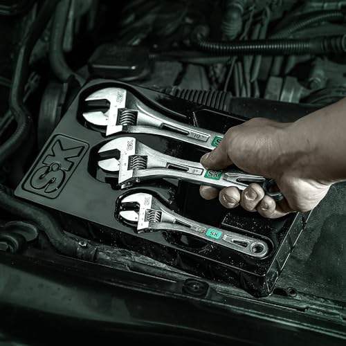 Image of SK 3-Piece Adjustable Wrench Set, 6 inch, 8 inch, 10 inch, SAE & Metric Scales | X-Frame Handle, Precision Jaw, Heat Treated CR-V Steel, Chrome-Plated Rust Resistant Finish