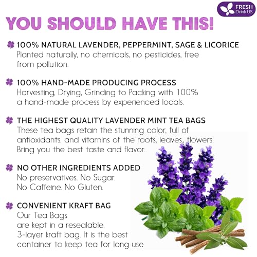 Image of FreshDrinkUS, Premium 75 Tea Bags Lavender Mint Tea, 100% Natural, Blend of Lavender, Peppermint, Sage and Licorice. Made with Natural Material Tea Bags. No Sugar, No Caffeine, Vegan.
