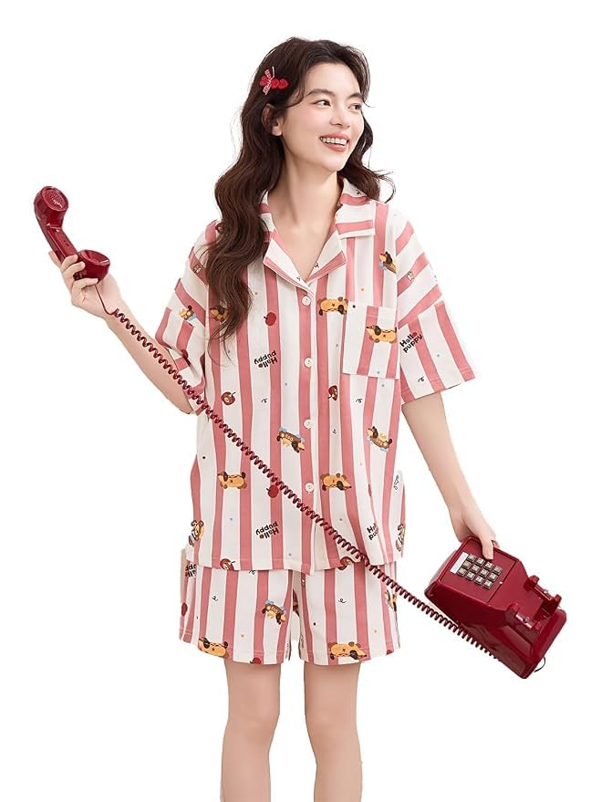 NIZIE Women's 2 Piece Striped Printed Night Suit, Half Sleeve Button Down Shirt & Shorts Pajama Set, Soft Lounge Wear (Free Size)-picture-53