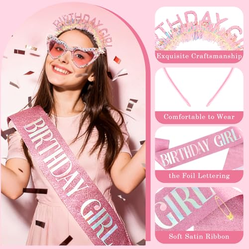 Atoden Birthday Girl Sash Glitter Headband Tiara Crown Sunglasses Pink Happy Birthday Decorations Party Favors Accessories for Adult Women Princess Outfits Gifts - Image 5