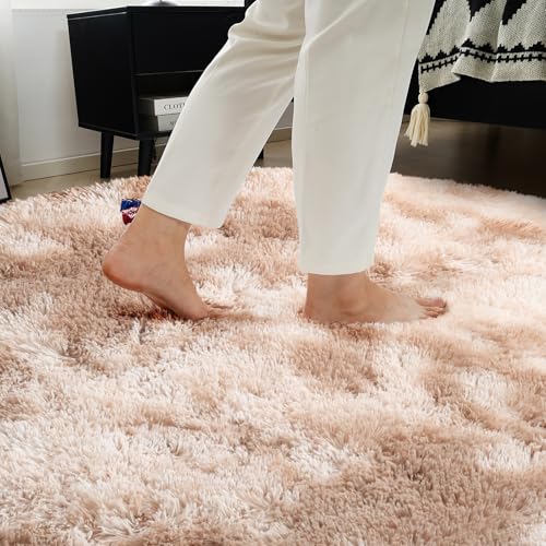Tie-Dyed Beige Fluffy Round Rug,Soft Area Rugs for Girls Room,Shaggy Rugs 4'X4' for Living Room,Non Slip Circle Rug for Kids Bedroom,Shag Plush Nursery Carpets,Fuzzy Rug for Dorm,Room Decor Carpet