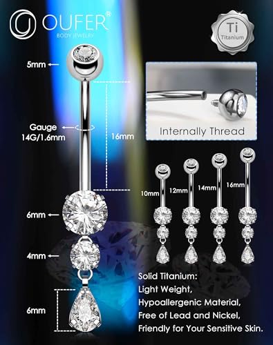 OUFER Dangle Belly Button Rings, Titanium Belly Rings, Clear CZ Dangle Belly Piercing Jewelry, Navel Piercing Jewelry, Internally Threaded Belly Rings For Women Men-10MM 5