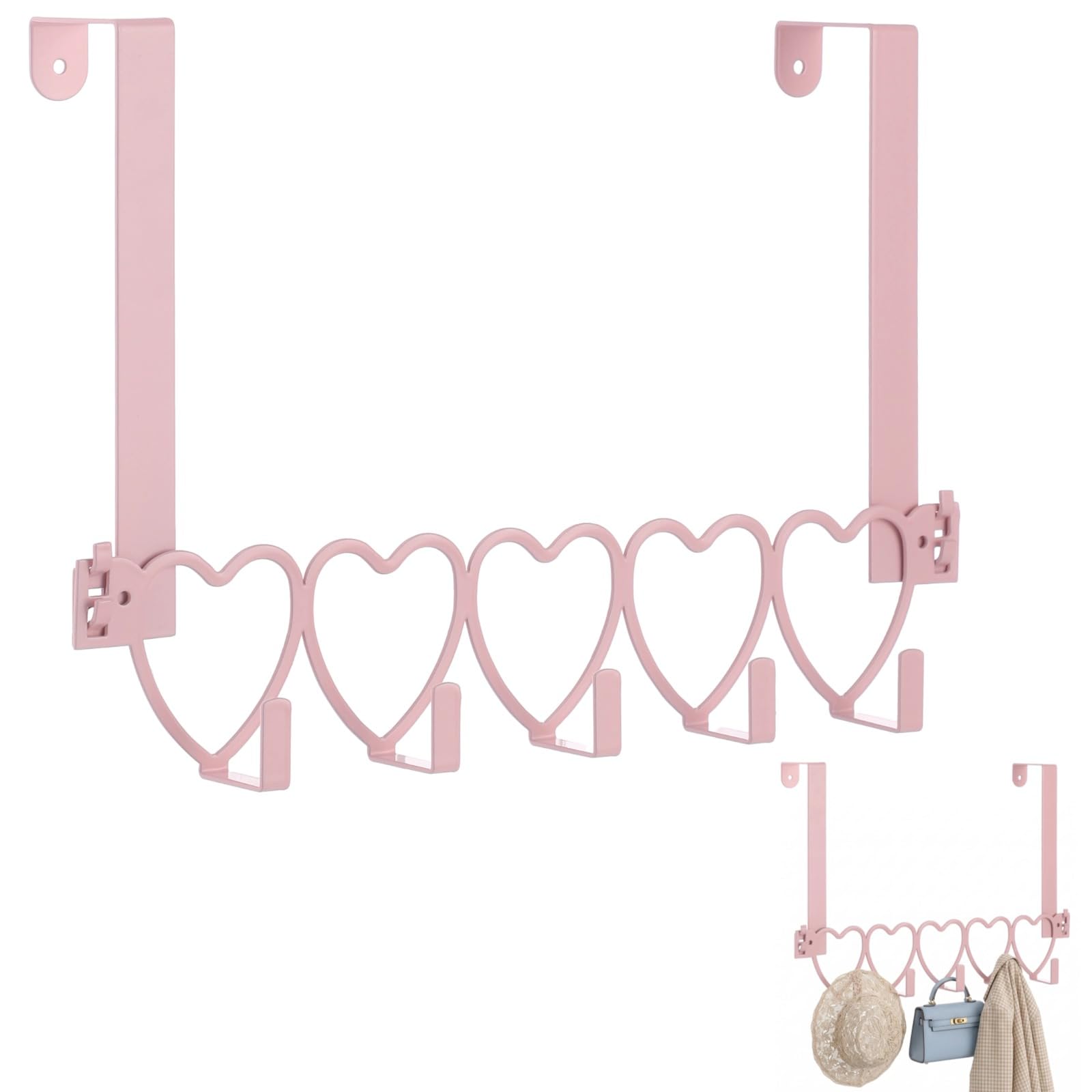 Herzförmige pinke Hakenleiste für Tür- oder Wandmontage, Metall-Organizer mit fünf Haken, für Handtücher, Mäntel, Schlüssel und Taschen, für Flur, Bad, Küche und Schlafzimmer