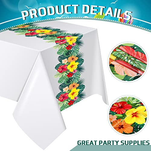 Image of Irenare 3 Sheets Hawaiian Luau Tablecloths for Party Decoration 54 x 108'' Tropical Palm Leaves Table Cloth Hawaii Disposable Rectangular Plastic Table Cover for Summer Beach (White)
