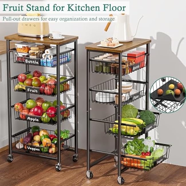 Kitchen Storage Cart with Wheels, 5-Tier Metal Utility Rolling Cart Fruit Vegetable Storage Basket Pantry Rack with Wood Top & Pull Out Baskets for Kitchen, Livingroom, Diningroom, Office-2BIkuGzn