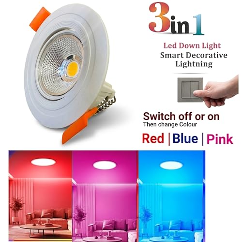 Image of RDL 5w Round Recessed LED Ceiling Light with 3 in 1 (Red Blue Pink) Illumination | Tilt Led Spotlight for False Ceiling, Home, Bedroom, | Pack of 1