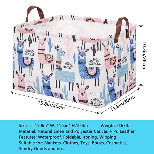 Image of Llama Storage Bin Basket Collapsible with Leather Handles Waterproof Canvas Storage Cube Box for Closet Toys Clothes Nursery Room Gift Basket
