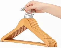 Kit 12 Cabides de Madeira de Alto Acabamento para Roupas e Calças – Resistente, Premium, com Gancho Giratório 360º Antiderrapante para Jaquetas Camisas Vestidos