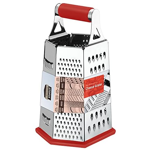 Utopia Kitchen - Cheese Grater & Shredder - Stainless Steel - 6 Sided Box Grater - Large Grating Surface with 6 Razor Sharp Blades - Non Slippery rubber bottom - (Red)